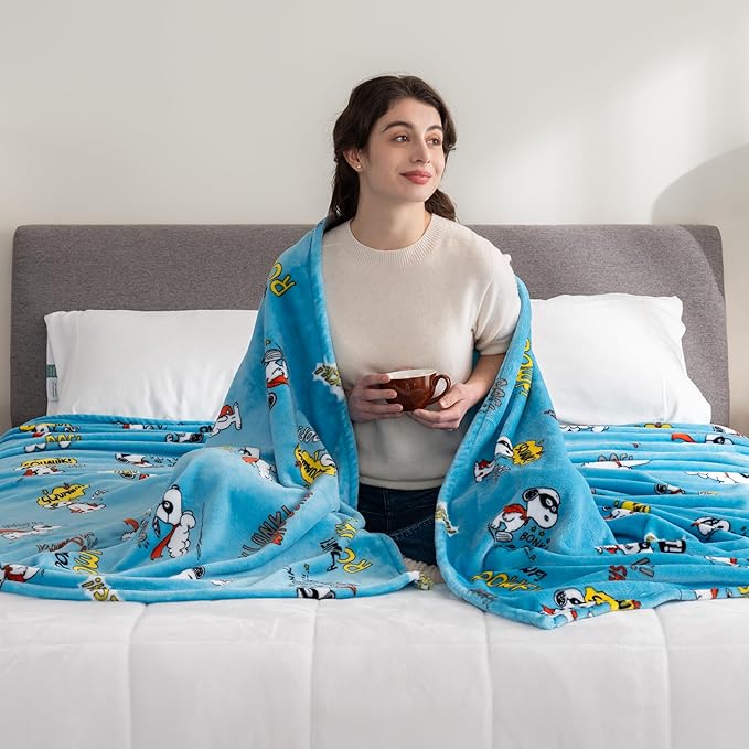 Berkshire Blanket Peanuts® VelvetLoft® Cute Character Snoopy Plush Blanket,Peanuts Large Masked Marvel Toss Happy Blue,Full/Queen 90 in x 90 in (Official Peanuts® Product)
