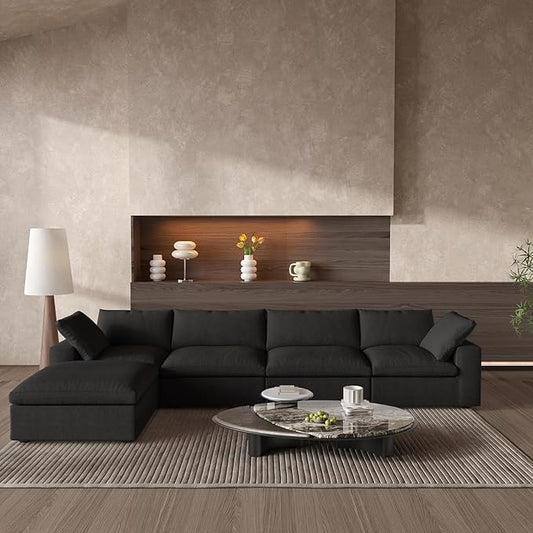 Cloud Couch Modular Sectional Sofa with Storage Ottoman,160.6" L Shaped Couch for Living Room,Down Filled 5 Seater Black Convertible Sectional Sofas,Covers Washable&Replaceable