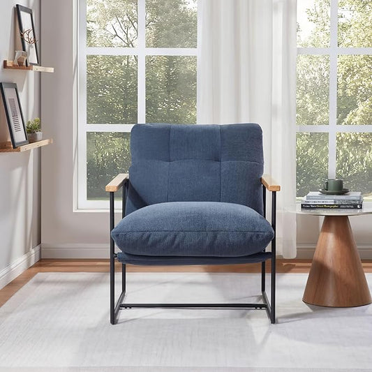 FLEXISPOT Accent Chair for Living Room,Arm Chair for Bedroom,with Wooden Arms, Wide Large Plus Size Cushion,Metal Frame,Reading Bedroom Chair Armchair for Home/Office/Cafe/Apartment/Waiting Room,Blue