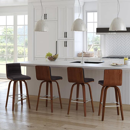 Armen Living Vienna 26" Swivel Counter Stool in Walnut Wood Finish with Brown Faux Leather - Set of 2