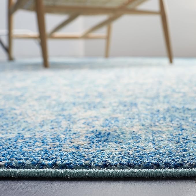 SAFAVIEH Evoke Collection Area Rug - 9' Square, Blue & Ivory, Distressed Design, Non-Shedding & Easy to Clean, Ideal for Living Room, Bedroom, Dining Space (EVK256C)
