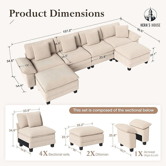HERA'S HOUSE 158" Modular Sectional Sofa, Oversized U Shaped Couches for Living Room, Comfy Cloud Couch with Ottoman, 6-Seater Deep Seat Sofa with Throw Pillow, Corduroy Beige