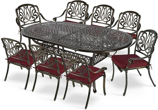 MEETWARM 9-Piece Outdoor Patio Dining Set, 8 Outdoor Dining Cushioned Chairs and 1 Oval Table with 2" Umbrella Hole, All Weather Cast Aluminum Patio Funiture Set for Backyard, Patio, Garden, Chili Red