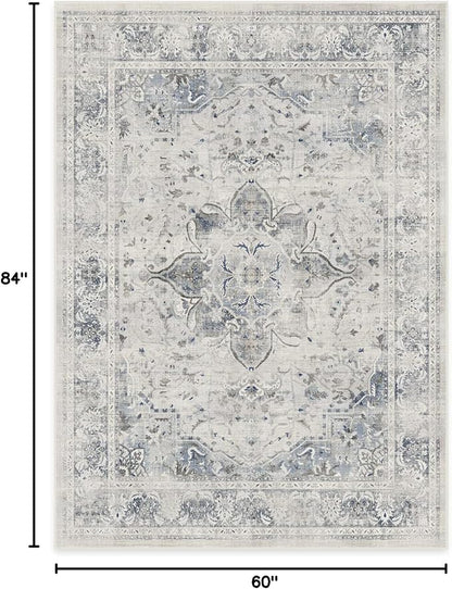 RUGGABLE Washable Vintage Area Rug – Sarrah Blue Quartz 5x7, Stain-Resistant, Non-Slip – Medium Machine Washable Rugs for Living Room, Bedroom, Hallway, Entryway & Office–with Standard Pad