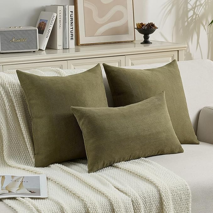 FUTEI Olive Green Chenille Throw Pillow Covers 18x18 Inch Set of 2,Soft Wide Chevron Textured Cushion Case,Farmhouse Home Decor for Couch Bed Living Room