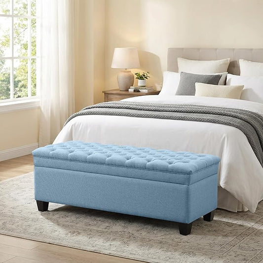 50" Storage Ottoman Bench, Rectangular End of Bed Storage Bench, Upholstered Large Fabric Tufted Ottoman with Storage for Living Room, Bedroom, Entryway,Blue