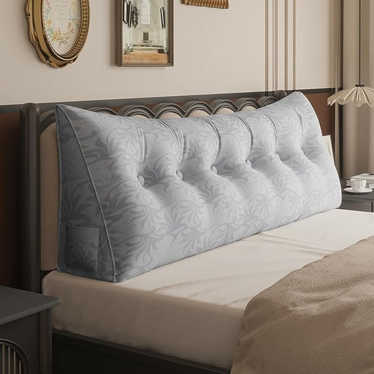 WOWMAX Headboard Pillow Triangular Bed Wedge Pillow for Headboard Wedge Pillow Headboard for Daybed Bunk Bed Large Silver Bolster Pillow for Bed, Jacquard Satin Fabric 100% Pure Cotton, Light Grey