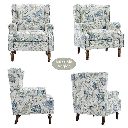 Lumibee High Back Accent Chair Set of 2, Armchair in Fabric,Comfy Upholstered Wingback Single Sofa Reading Chairs with Solid Wood Legs for Living Room,Bedroom,Office-Plants Blue