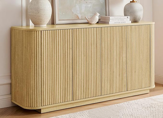 LKTART 64" Buffet Cabinet with Storage, Modern Fluted Accent Sideboard Media Console Credenza with Adjustable Shelves Pressed Spring for Kitchen Living Room,31.5" H (Natural Oak)
