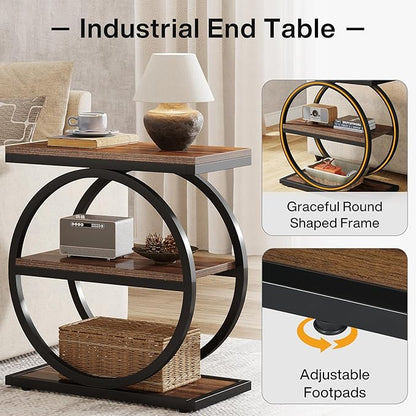 Tribesigns End Table Set of 2, Narrow End Table with 3 Storage Shelves, Wooden Side Table, Industrial Small Sofa Side Table for Living Room, Slim Nightstand and Bedside Table for Bedroom
