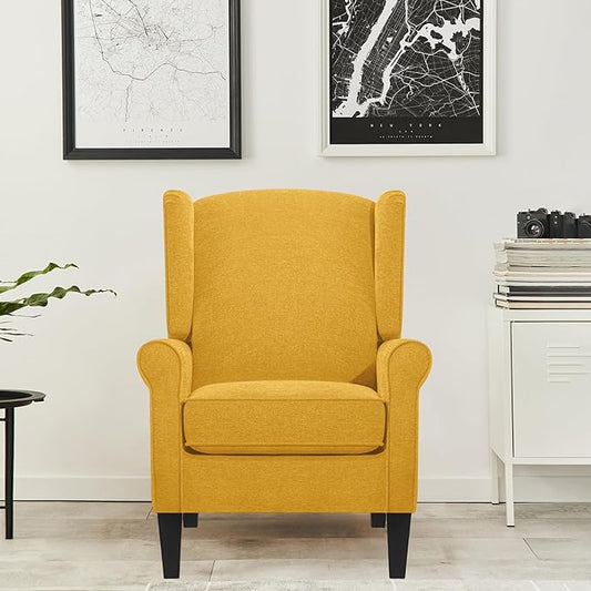 Accent Chairs for Bedroom, Yellow Fabric Classic Highback Reading Chairs, Elegant Farmhouse Single Couch Sofa with Wing Back, Modern Living Room Upholstered Armchair