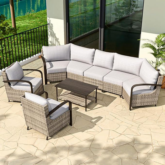 COOS BAY Aurora Terrace Half-Moon Outdoor Furniture Set, Rattan Conversation Set with Patio Chairs, Curved 5-Seat Sofa, Coffee Table, Seats 7, Beige/Beige