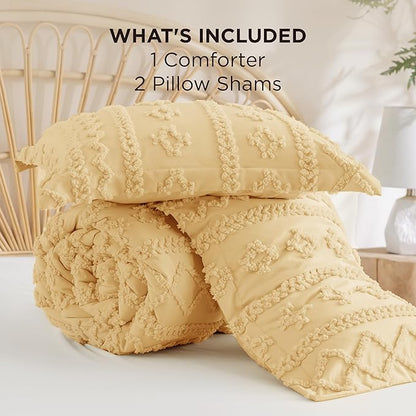 Bedsure Tufted Boho Comforter Set California King - Yellow Boho Bed Set, GentleSoft™ 3 Pieces Farmhouse Shabby Chic Embroidery Bedding, Gifts for Woman, Soft Jacquard Comforter for All Seasons