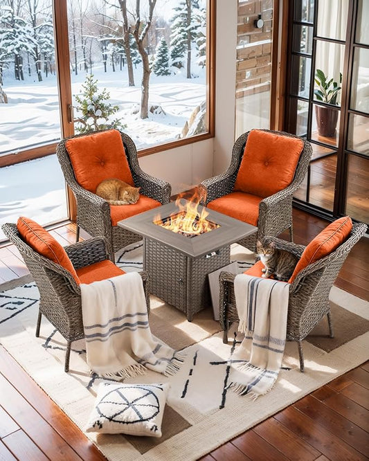 Patio Wicker Chairs Outdoor Furniture Chair - Set of 4 Outside All Weather Lawn Dining Brown Rattan Armchair with High Back&Deep Seating for Deck Porch Balcony Backyard Garden - Orange