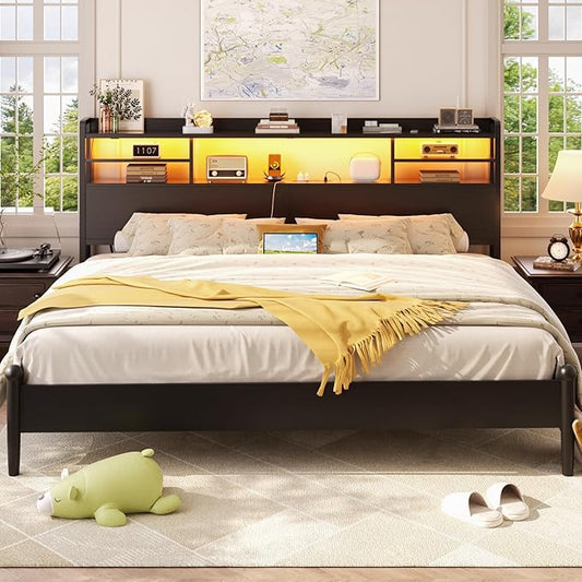 Aheaplus Headboard for King Size Bed with Storage, Headboards with LED Light, Power Outlets, USB Ports King Size Head Board, Wood headboard Only Sturdy and Stable Headboards, Modern, Black