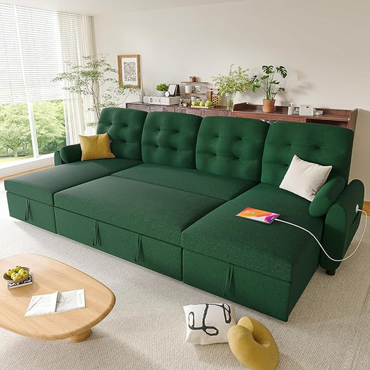 Ucloveria Sleeper Sofa Bed, 112" U Shaped Sectional Sofa Couches for Living Room, Pull Out Couch Bed with Dual Reversible Storage Chaise | Charging Station | Side Pockets | Removable Backrest