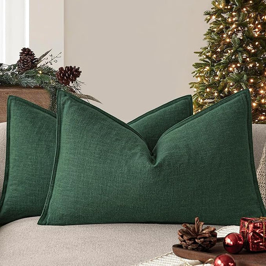 Foindtower Pack of 2, Decorative Linen Soild Throw Pillow Covers Soft Accent Lumbar Cushion Case Boho Farmhouse Pillowcase for Chair Couch Sofa Bedroom Living Room Home Decor 12 x 20 Inch Pine Green