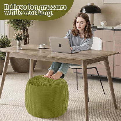 MeMoreCool Stuffed Round Pouf Ottoman Foot Rest, Floor Pouf Foot Stool with Soft Foam Chunk Filling, Round Small Ottoman Footstool Circle Footrest for Couch Living Room, Corduroy Green