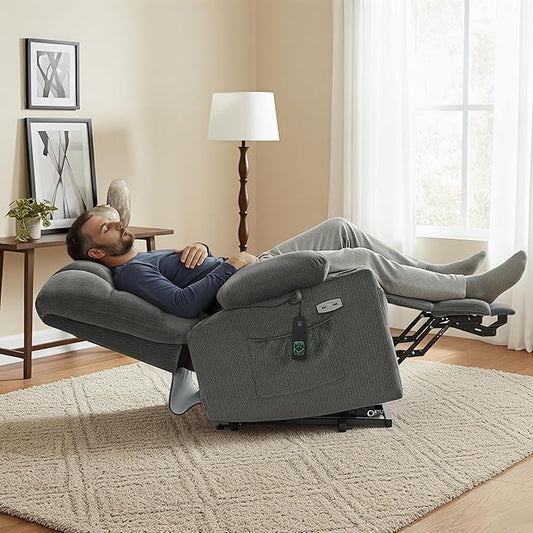 MCombo Dual Motor Power Lift Recliner Chair with Massage and Heat for Elderly People, Infinite Position, USB Ports, Cup Holders, Fabric 7679 (Medium, Grey)