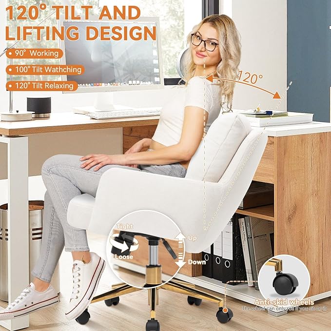 Velvet Office Chair, Comfy Home Office Desk Chairs with Lumbar Support, Modern Velvet Desk Chair Gold Legs Small Swivel Task Chair for Home Office, Bedroom, Study (Beige, L)