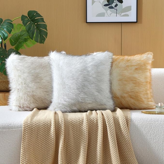 FUTEI Brown White Decorative Throw Pillow Covers 24x24 Inch Set of 2,Soft Fluffy Faux Fox Fur Textured European Cushion Case,Modern Home Decor for Couch Living Room