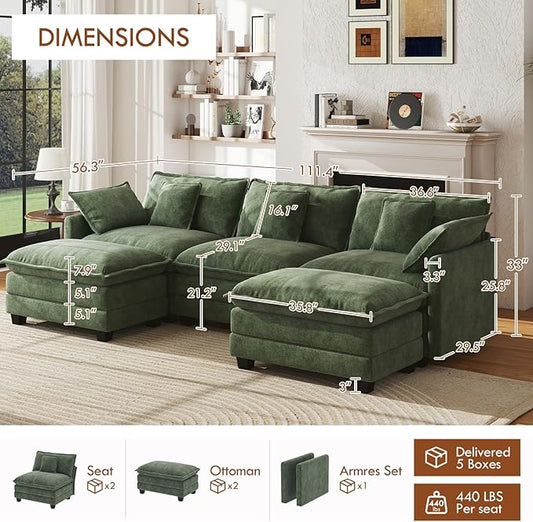 WorthFurni 111.4” Modular Sectional Sofa, U Shape Cloud Couch with 2 Movable Ottoman, Comfy Chenille Deep Seat Sofa with Soft Pillows for Living Room Apartment (Green)