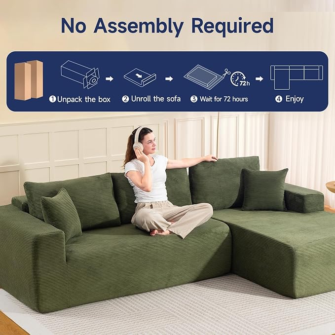 2025 New 108" Cloud Couch Sectional, Modular Sectional Sofa with L-Shaped Chaise, Deep Seat Sectional Modular Couch for Living Room, No Assembly Required (Green, Right Facing Chaise)
