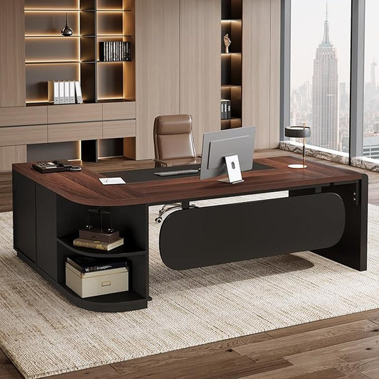 Tribesigns 81'' L-Shaped Executive Desk, Large Modern Office Desk with Drawers and File Cabinet for Home or Business Workspace, Computer Desk with Storage Shelves, Walnut & Black