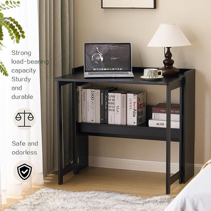 Folding Table with Storage Shelf,32.7 Inch Foldable Computer Desk for Small Spaces,Small Writing Desk for Bedroom Home Office Dorm and Apartment (Black)
