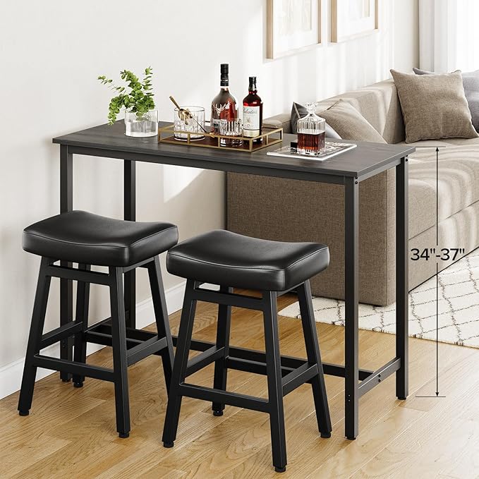 Counter Height Bar Stools Set of 2, 24 Inch Barstools for Kitchen Counter, Kitchen Stools with Bonded Leather Saddle Seats & Heavy Duty Metal Legs, Easy Assembly, All Black