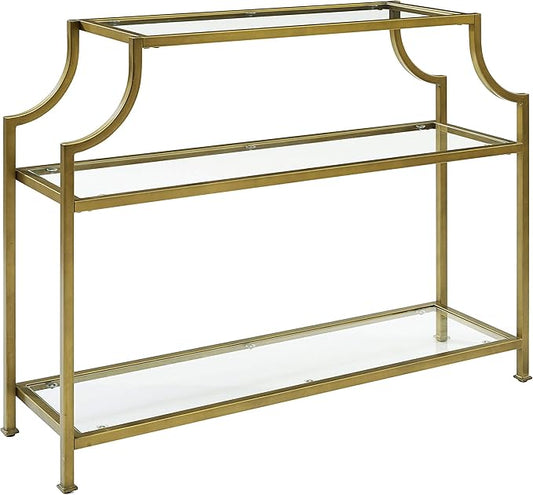 Crosley Furniture Aimee Sofa Console Table with Storage Shelves for Hall, Entryway, or Living Room, Gold and Glass