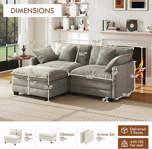 WorthFurni 77 Inch L Shape Cloud Sofa, Modular Sectional Couch with Ottoman, Comfy Chenille Deep Seat Loveseat with Pillow for Living Room Bedroom Apartment （Grey）