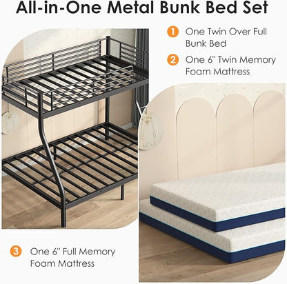 Bunk Beds Twin Over Full Size with 6" Mattresses Included, All-in-One Bunk Bed for Kids/Adults, Heavy Duty Sturdy Frame with Ladder Guardrail, With Memory Foam Mattress, Easy Assembly（Black）