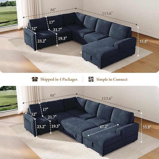 Vesgantti 113.6" Pull Out Sofa Bed with Chaise, 7 Seater U Shaped Sleeper Sofa with Storage Chaise, Comfy Chenille Modular Sectional Couch for Living Room, Bedroom, Apartment, Blue