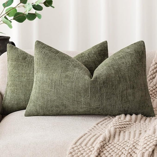 Foindtower Pack of 2 Textured Chenille Throw Decorative Pillow Covers Square Accent Solid Cushion Cover Neutral Farmhouse Lumbar Pillow Case for Couch Sofa Bedroom Living Room 12x20 Inch,Dark Green