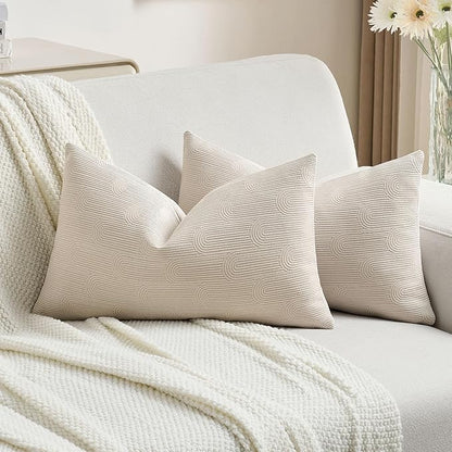 FUTEI Beige Chenille Decorative Throw Pillow Covers 12x20 Inch Set of 2,Soft Cozy Striped Geometric Patterns Lumbar Pillow Cases,Modern Home Decor for Couch Bed Living Room