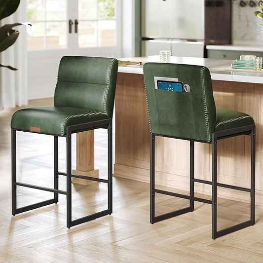 VASAGLE EKHO Collection - Bar Stools Set of 2, Counter Height Stools with Backs, 26.4-Inch Barstools Chairs, Synthetic Leather with Stitching, Mid-Century Modern, Dining Kitchen Island, Forest Green