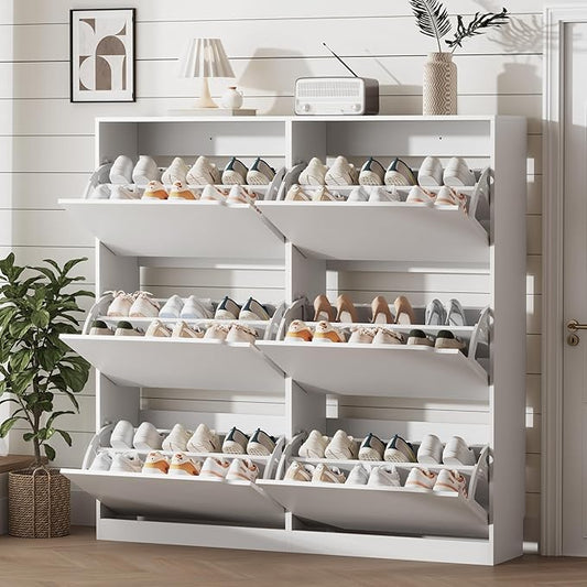 Shoe Storage Cabinet for Entryway with 6 Flip Drawers, Sturdy Wood Hidden Shoe Storage, Freestanding Narrow Slim Shoe Organizer for Front Door Entrance, Living Room, Hallway, Bedroom, White