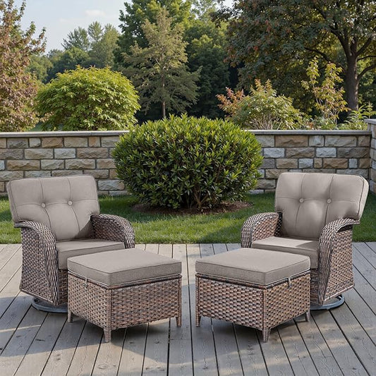 4-Piece Rotating Balcony Chair Set with 31-inch T-Shaped Wide backrest - Rattan Outdoor Rotating Balcony Chairs, Wide backrest Comfortable Outdoor Sliding Chair - Brown | Grey