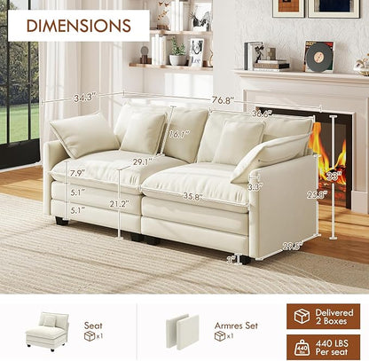 WorthFurni 77 Inch Cloud Sofa Loveseat, Comfy Sectional Couch, 2-Seater Chenille Deep Seat Sofa with Throw Pillows for Living Room Bedroom Apartment （Beige）