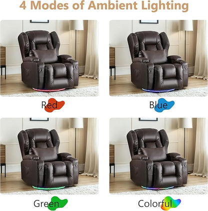 Power Swivel Rocker Recliner Chairs, Electric Wall Hugger Reclining Sofa with Massage & Heat, Comfy Theater Seating Single Sofa with LED Light/USB/Type-C Ports (Leather Brown, Single Chair)
