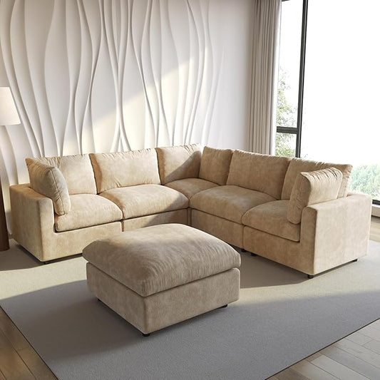 WJShome Cloud Couch Modular Sectional Sofa,100.5" V Shaped Couch, Convertible Wide Seater with Ottoman, 6 Seater for Living Room Set,Covers Washable&Replaceable,Khkai