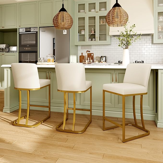 MAISON ARTS Off White & Gold Counter Height Bar Stools with Back Set of 4 for Kitchen Counter 24 Inch Modern Upholstered Faux Leather Barstools Farmhouse Bar Chairs Luxury Island Stools Support 330LBS