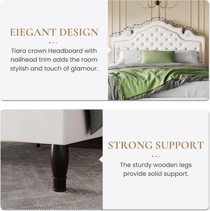 SHA CERLIN Queen Size Bed Frame with Adjustable Headboard/Velvet Upholstered/Diamond Button Tufted and Metal Studs/No Box Spring Needed/Sturdy Wood Slat Support/Easy Assembly/White