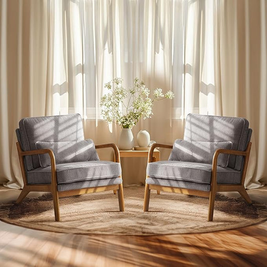 VINGLI Upgraded Premium Corduroy Accent Chairs Set of 2,Upholstered Arm Chair,Solid Wood Comfy Reading Chair with Lumbar Pillow, Mid Century Modern Chairs for Living Room,Bedroom,Light Grey