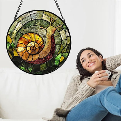 Stained Glass Window Hanging, Green Orange Snail Sun Catcher for Door Home Decor Suncatcher Christmas Mother's Day Birthday Gifts for Women Men Mom and Nana 15 in