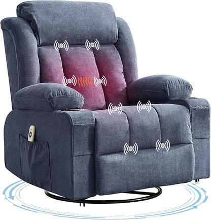 Rocker Recliner Chair with Heat and Massage, 360° Swivel Oversized Recliner for Adults, Single Sofa Seat with 3 Positions, 2 Side Pockets, Cup Holders, and USB Ports, Lazy Boy Recliner (Large, Blue)