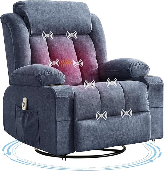 Rocker Recliner Chair with Heat and Massage, 360° Swivel Oversized Recliner for Adults, Single Sofa Seat with 3 Positions, 2 Side Pockets, Cup Holders, and USB Ports, Lazy Boy Recliner (Large, Blue)