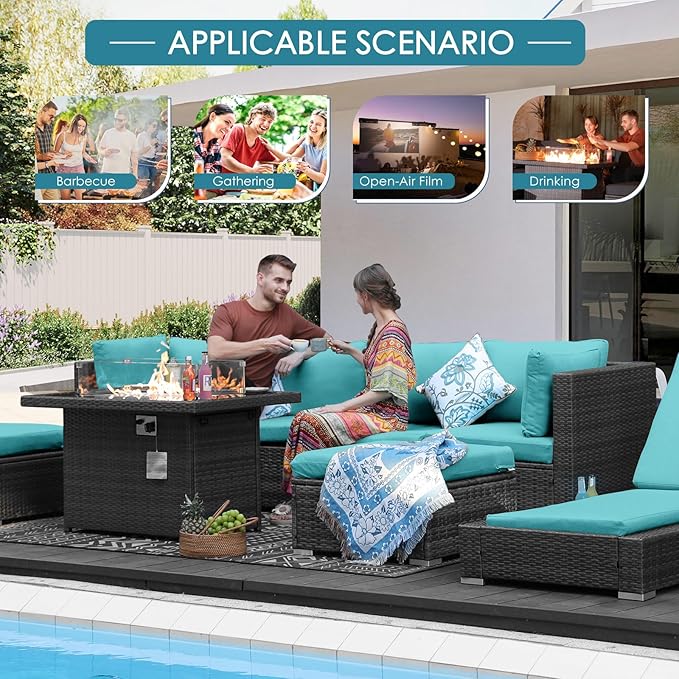 NICESOUL 29.3'' High-Back Outdoor Patio Furniture Set with Firepit Propane & Natural Gas, Oversized Deep Seat Rattan Conversations for Tall People, 7 Piece Couches, 2 Color Cushions Turquoise & Grey