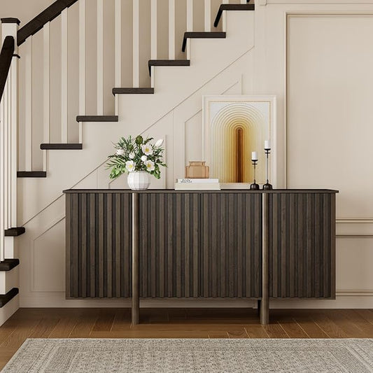 Sideboard Buffet Cabinet with Storage, Walnut Freestanding Floor Cabinet 64” Farmhouse Sideboard Wooden Large Storage Cabinet Media Console Table Credenza for Living Room Dining Room Hallway, Single